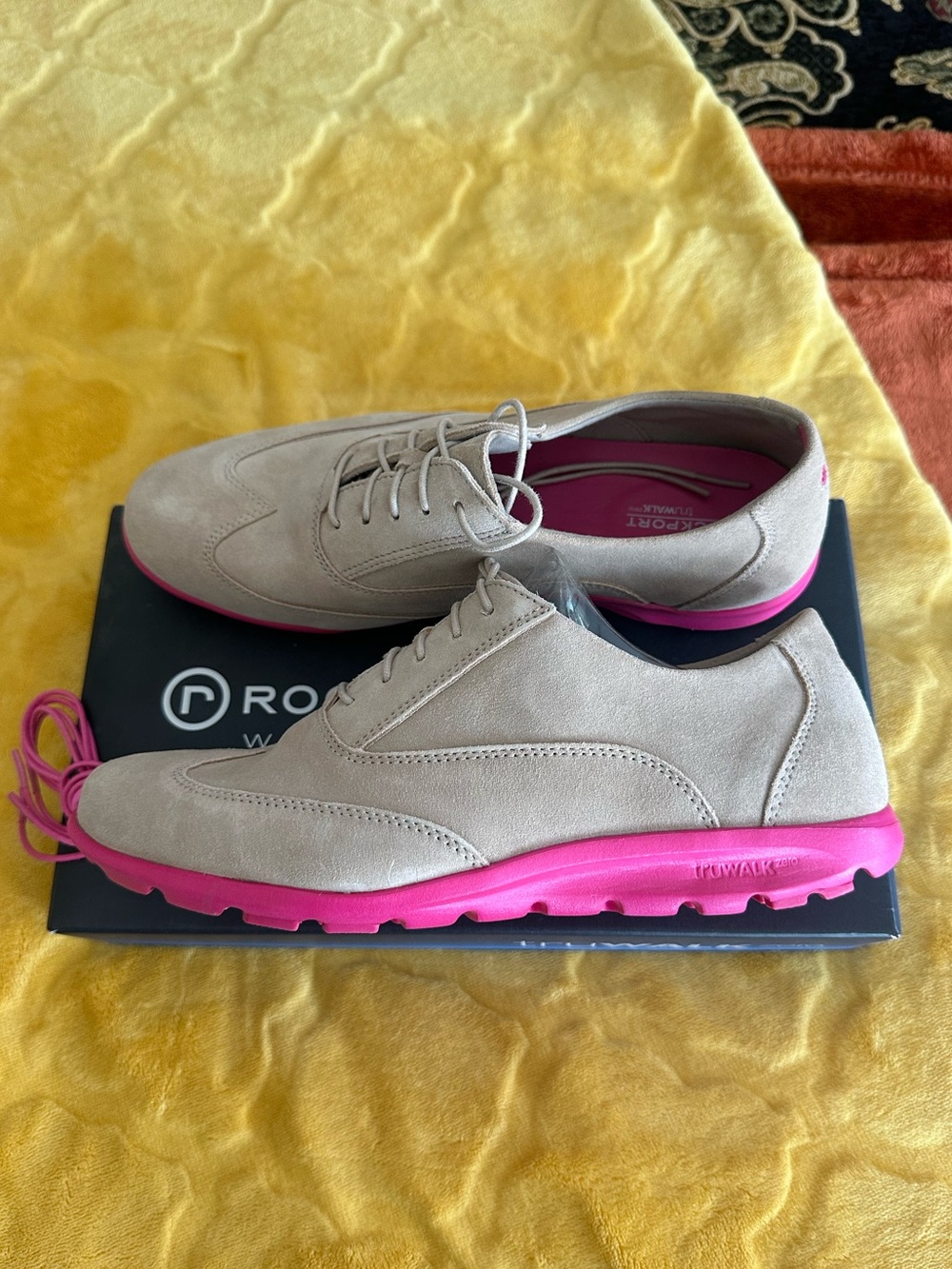 Rockport Beige Suede Oxfords with Bright Pink Outsole
